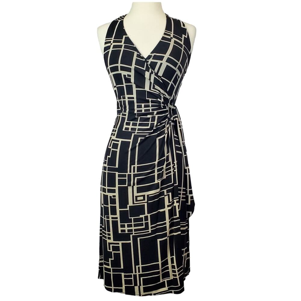 Rachel Pally Midi A Line Dress Black with Cream Geometric Halter Wrap Sundress S